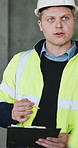 Architecture, talking and man with clipboard, construction site for building project and safety. Contractor, person and employee with documents for renovation schedule and checklist for inspection