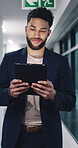 Walking, smile or man with tablet in hallway, review news article or proofreading story for publication. Tech, journalism or editor with grammar check for draft submission, research and verify facts