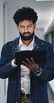 Walk, review or man with tablet in hallway, news article evaluation or proofreading story for publication. Tech, journalism or editor with grammar check for feature draft, send feedback or approval
