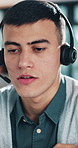 Contact, speaking and man with headset in call center, customer care or online help desk for advice. Talking, tech support or hotline agent with troubleshooting assistance, client query answer or mic