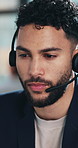 Call center, help or man in office with headset, contact us or investment advice in crm service. Assistance, mic or finance consultant in agency with aid, online banking or feedback in loan support.