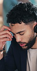 Man, stress and headset with consulting at office for customer support job at insurance company. Person, broker or advisor with voip mic, headphone and frustrated with discussion at contact center