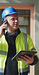 Man, phone call and tablet with discussion at construction site, talk or notes for real estate development. Person, engineer and smartphone with app, feedback and tech for property expansion project
