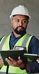 Architecture, tablet and man with clipboard, construction site for building project and update for progress. Talking, digital app or person with documents for renovation schedule and online checklist
