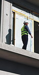 Construction, city and man on tablet in building for planning, research and online blueprint. Contractor, architecture and person on digital tech for renovation, maintenance and engineering project