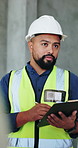 Engineering, conversation and man with clipboard, construction site for building project and safety. Talking, architecture or person with documents for renovation schedule or checklist for inspection