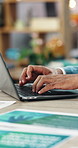 Hands, laptop and typing at startup for proposal with project management, notes and editing at office. Person, computer and click with report, creativity or copywriting with career at creative agency