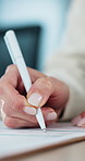 Hands, clipboard and signature at office with checklist for proposal, documents or contract at media company. Person, employee and writing with paperwork for approval, admin and review at agency