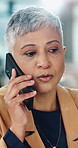 Talking, woman and phone call with contact in office for  market update, debt review or negotiation. Financial advisor, mature person and mobile chat with client to explain policy, advice or feedback