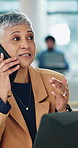 Phone call, business or mature woman in workplace with laptop, agenda change or online chat for project. Digital, connection or employee with tech, schedule update or communication in report feedback