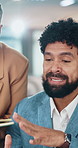 Businessman, meeting and brainstorming in office for feedback, collaboration or teamwork. Group, creative advice and cooperation with speaking, training or project management for pitch or proposal