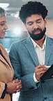 Business, people and discussion with tablet in office for revenue update, market trends or teamwork. Flare, financial advisor and manager with tech for investment guidance, explain insurance and CRM
