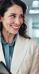 Woman, discussion and meeting in office with tablet, planning or research for public relations agency. Happy, mature person and conversation in workplace with tech, proposal or idea for PR statement.