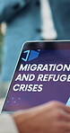 CSR, presentation and hands in office with laptop screen, refugee research and pitch in human rights framework. ESG, people and speaker with tech, migration info or proposal in social responsibility.