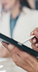 Hands, pen and business person with tablet in meeting for minutes, notes or finance information. Stylus, team or worker with technology in company for investment planning, digital signature or agenda