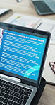 Business, laptop and screen at workshop in office for humanitarian seminar, information or review. Computer, display and meeting in work for planning, migration policy or refugee crisis at NGO