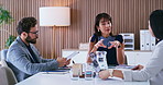 Business, team and meeting with documents in office for financial review, market expansion or update. Stakeholders, people and planning with paperwork for merger plan, goal setting or risk management