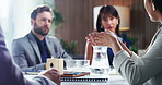 Speaker, hands and meeting with team in boardroom for merger plan, integration review or valuation. Board of directors, woman and discussion for market expansion, fairness opinion and risk management