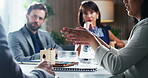 Woman, hands and discussion with team in meeting for merger plan, integration review or acquisition. Directors board, speaker or feedback in office for market expansion, fairness opinion or valuation