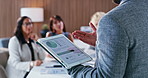 Tablet screen, hands or businessman with presentation,  team or answer question with investment data. Tech, meeting and discussion with presenter for graphs, kpi or scroll finance metrics in office