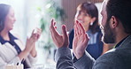 Investor, applause and woman in office, documents for stock market review and achievement. Clapping, financial advisor and employee in meeting, success and report for profit increase and discussion