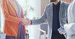 People, handshake and motivation with team at office for success, goals or tablet at media company. Staff, group and shaking hands for celebration, announcement and congratulations at creative agency