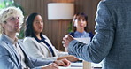 Speaker, hands and meeting with team in office for financial review, market expansion or feedback. Directors board, people and presentation in office for merger plan, goal setting and risk management
