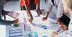 Documents, tablet and hands of business people in office with planning for finance report with statistics. Graphs, discussion and financial advisors with charts paperwork for investment results.