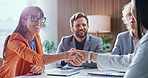Meeting, applause or people with handshake for deal, trading partnership or success for stock acquisition. Flare, smile or broker shaking hands for investment agreement, teamwork or clap in office