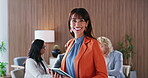 Face, woman and tablet in office with journalist, meeting and opportunity or ambition. Confident, reporter and mature person with digital tech for career development, media and laugh in newsroom