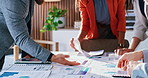 Documents, meeting and hands of business people in office with planning for finance report with statistics. Graphs, discussion and financial advisors with charts paperwork for investment results.