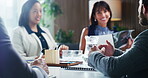 Man, hands and discussion with team in meeting for merger plan, integration review or acquisition. Directors board, speaker and feedback in office for market expansion, fairness opinion or valuation