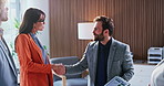 Happy, business and people with handshake in office for agreement, celebration and finance deal. Team, meeting and shaking hands with thank you for partnership, achievement and financial negotiation