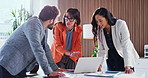 Happy, people or meeting with laptop in office for financial review, team progress or revenue growth. Finance manager, staff or tech with feedback for company performance, goal setting or action plan