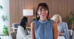 Face, woman and smile in office with journalist, meeting and opportunity or ambition. Confident, reporter and mature person with pride for career development, media and laugh in coworking newsroom