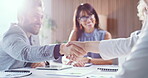 Meeting, office and business people with handshake for deal, trading partnership and stock acquisition. Flare, smile and portfolio manager shaking hands for investment agreement, teamwork and success