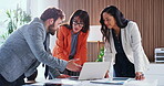 Business, people or meeting with laptop in office for financial review, ROI stats or revenue growth. Finance manager, team and tech with feedback for KPI performance, goal setting and monthly update