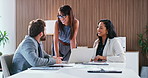 Discussion, laptop and business people in office with smile, planning or project collaboration for publishing. Meeting, tech and editor group with approval for feedback, review or workplace advice