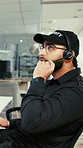 Man, security and agent with headset for surveillance or protection service in control room. Male person, body guard or neighborhood watch with mic for tactical response, investigation or observation