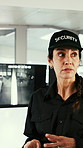 Manager, team and security guard meeting in control room for shift instruction, daily task or protocol. Supervisor, CCTV screen and woman with staff briefing for incident response, work role and duty