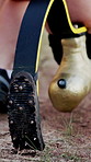 Running, fitness and woman with prosthetic leg for workout, sprint training and exercise. Sports, outdoors and person with disability start for wellness, health and performance on nature trail
