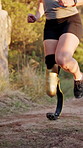 Runner, fitness and woman with prosthetic leg for workout, sprint training and exercise. Sports, outdoors and person with disability start for wellness, health and performance on nature trail