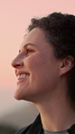 Thinking, hiking and woman with smile, vacation and hobby for weekend break, ideas and wonder. Outdoor, person and hiker with view, happiness or reflection for positive mindset, adventure or decision