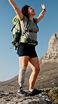 Athlete, exercise and prosthetic leg for hiking with fitness, workout and health with walk. Woman, nature and person with a disability outdoor for adventure, hobby and rehabilitation on mountain