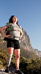 Woman, exercise and prosthetic leg for hiking with fitness, workout and health with walk. Athlete, nature and person with a disability outdoor for adventure, hobby and rehabilitation on mountain