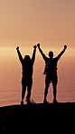 Hiking, high five and back of couple at sunrise with prosthetic leg for adventure, exercise and workout. Nature, excited and person with disability for wellness, health and fitness for hiker goals