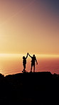 Hiking, high five and shadow of couple at sunrise for adventure, exercise and workout. Mountain, dating and person with disability by ocean for wellness, health and fitness for hiker goals at peak