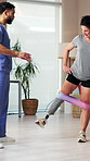 Therapist, woman and stretching with prosthetic for physiotherapy, fitness and balance training. Physio, resistance band or patient with disability for limb strength, mobility and gait rehabilitation