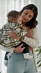 Love, mother and sad baby with support in home, soothing  kid and maternal connection for security. Childcare, suck thumb and woman with upset boy in apartment, console and attention for relationship