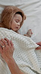 Sleeping, hands and mother with baby, above and fatigue with cuddle, relax and bonding together. Comfort, family and parent in home, tired and exhausted with love, mama and blanket for infant care